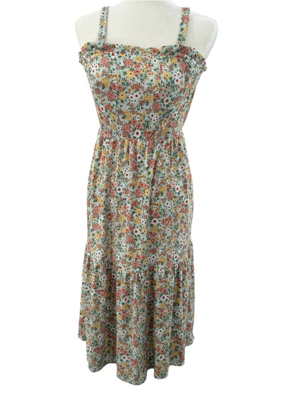 Paper Doll Mint Floral Ribbed Smocked Midi Sundress Size 10